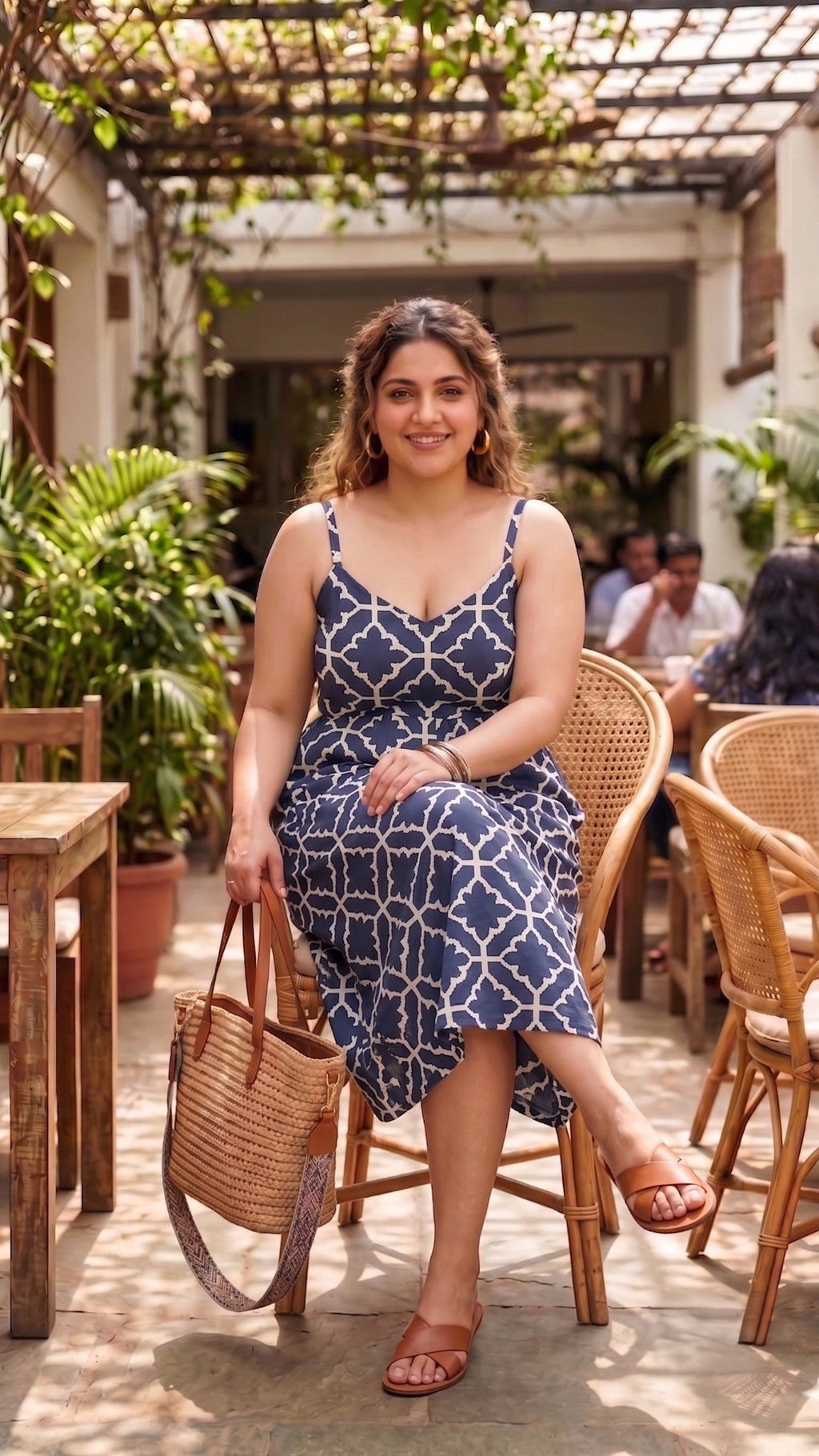 Plus Size Navy Blue Geometric Printed 100% Cotton Midi Dress for Women | Sleeveless Button-Front Dress