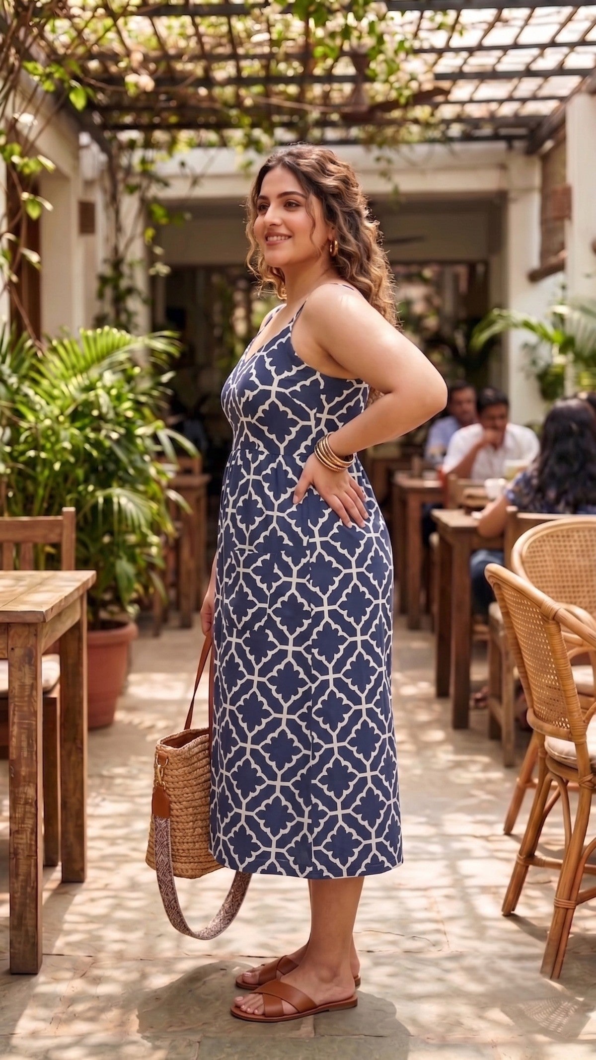 Plus Size Navy Blue Geometric Printed 100% Cotton Midi Dress for Women | Sleeveless Button-Front Dress