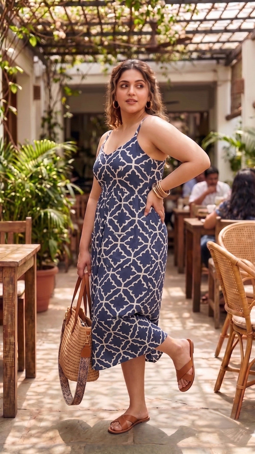 Plus Size Navy Blue Geometric Printed 100% Cotton Midi Dress for Women | Sleeveless Button-Front Dress