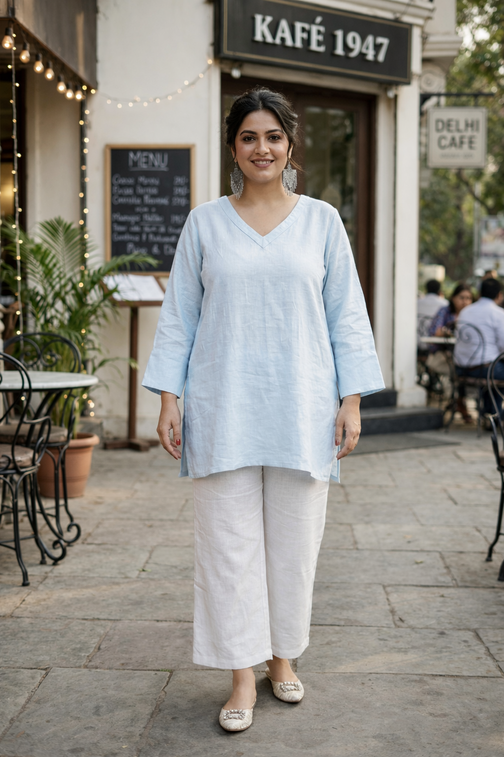 Regular Sky Blue 100% Cotton V Neck Short Top (Only top)