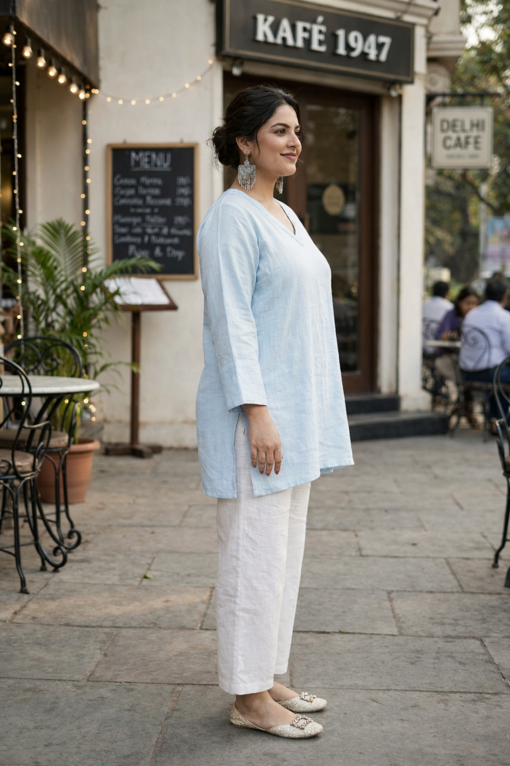 Regular Sky Blue 100% Cotton V Neck Short Top (Only top)