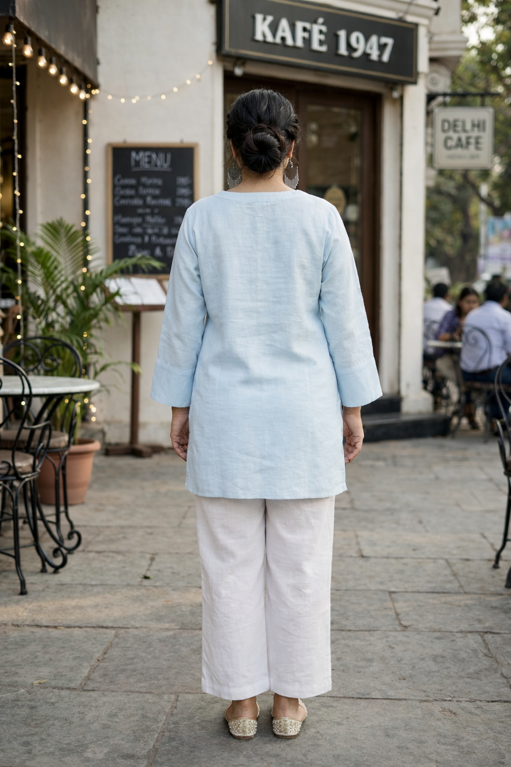 Regular Sky Blue 100% Cotton V Neck Short Top (Only top)