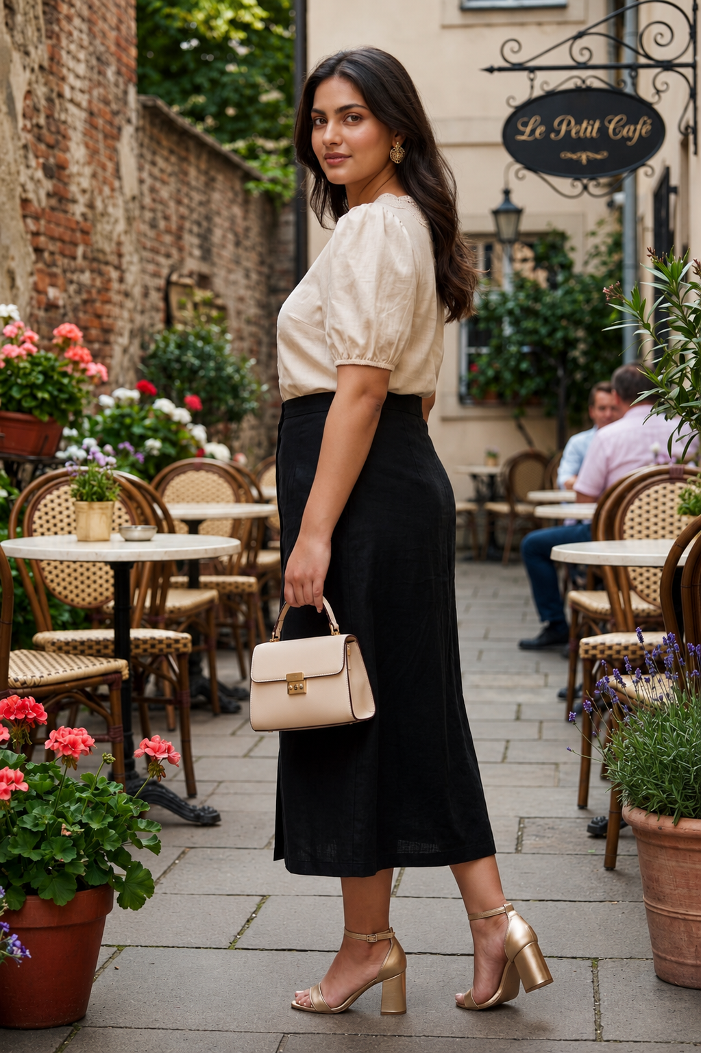 Black Linen Button Front A-Line Midi Skirt