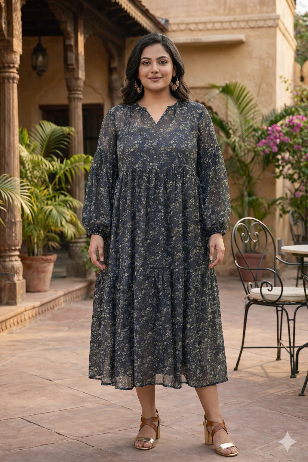 Blue Floral Printed Viscose Georgette Midi Dress
