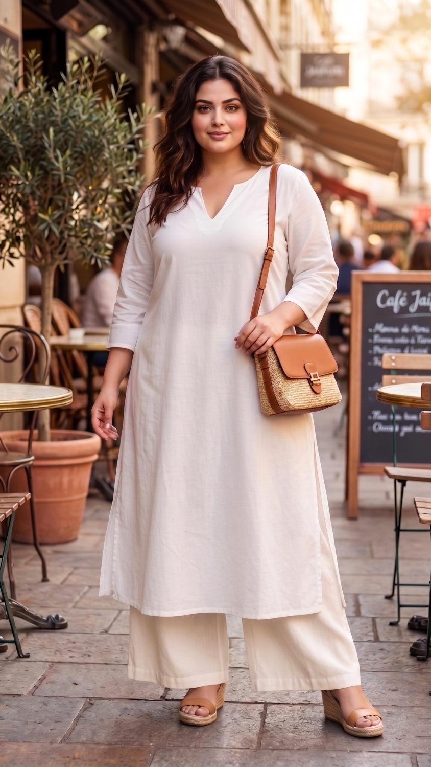 Plus Size White Linen Relaxed Fit Kurta For Women