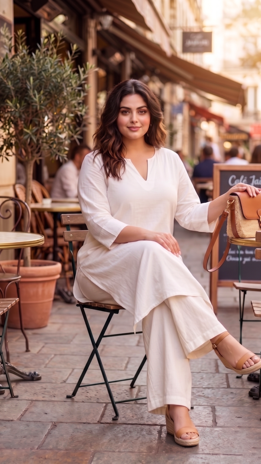 Plus Size White Linen Relaxed Fit Kurta For Women