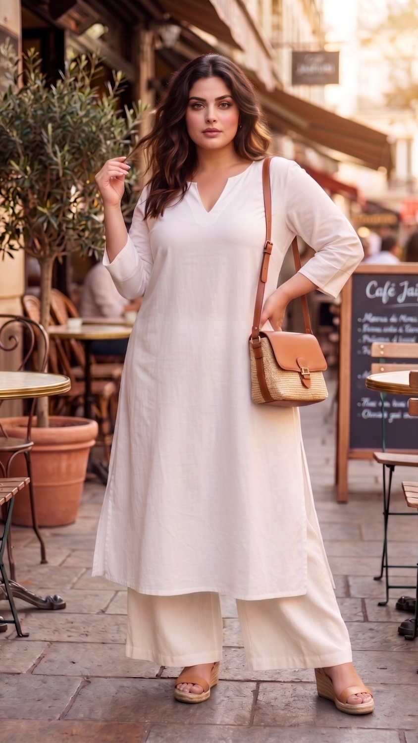 Plus Size White Linen Relaxed Fit Kurta For Women