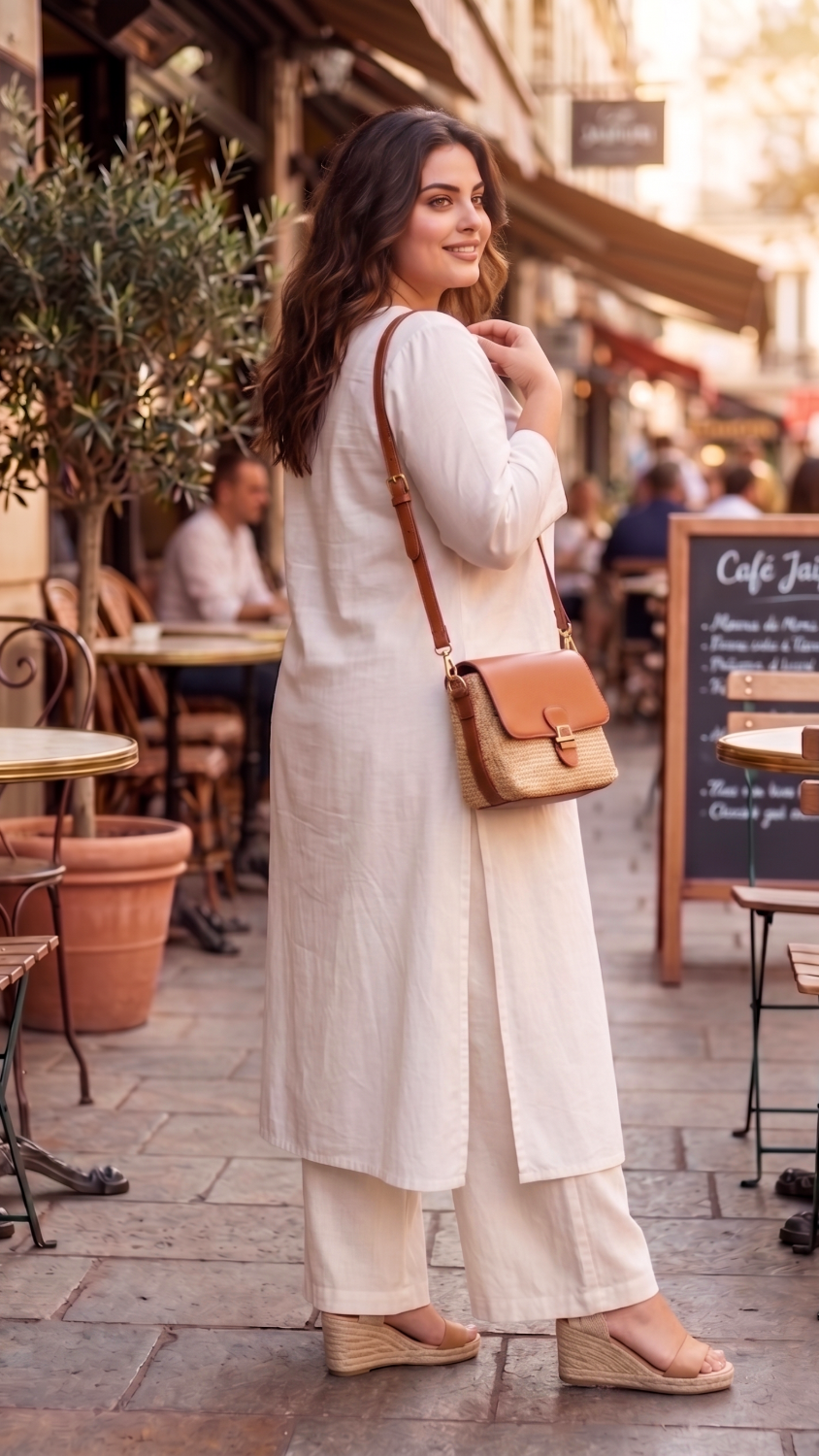 Plus Size White Linen Relaxed Fit Kurta For Women